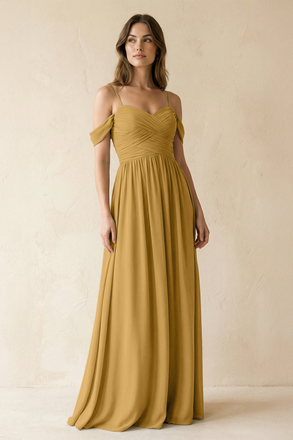 A-Line Off-the-Shoulder Pleated Chiffon Bridesmaid Dress in Marigold
