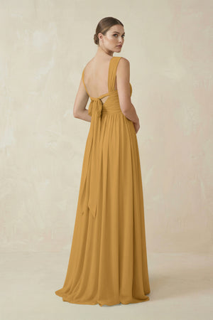 Marigold A-Line Pleated Chiffon Long Bridesmaid Dress (2) | KISSBRIDAL