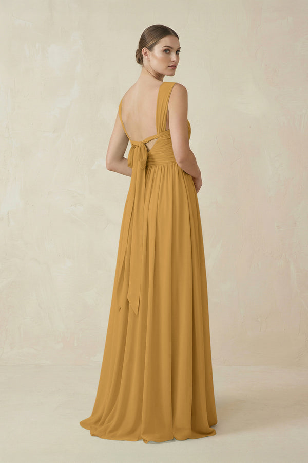 Marigold A-Line Pleated Chiffon Long Bridesmaid Dress (2) | KISSBRIDAL