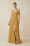 Marigold A-Line Pleated Chiffon Long Bridesmaid Dress | KISSBRIDAL