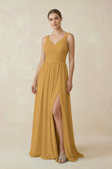 Marigold A-Line Pleated Chiffon Long Bridesmaid Dress | KISSBRIDAL