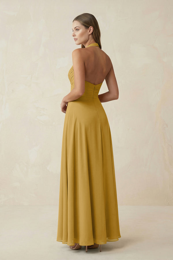 Marigold A-Line Pleated Chiffon V-Neck Bridesmaid Dress (2) | KISSBRIDAL