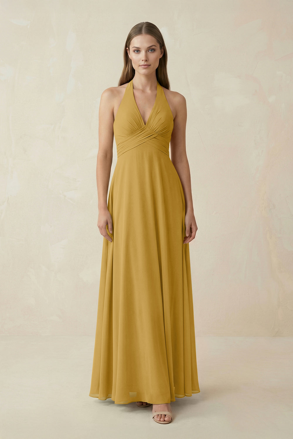 A-Line Pleated Chiffon V-Neck Bridesmaid Dress in Marigold