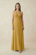 Marigold A-Line Pleated Chiffon V-Neck Bridesmaid Dress | KISSBRIDAL
