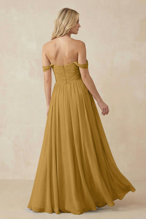 Marigold A-Line Pleated Long Chiffon Bridesmaid Dress (2) | KISSBRIDAL
