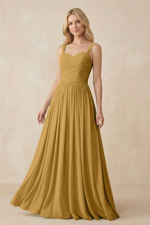 Marigold A-Line Pleated Long Chiffon Bridesmaid Dress | KISSBRIDAL