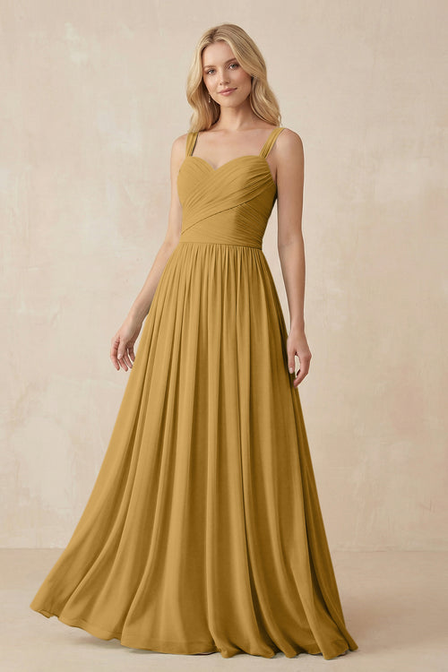 Marigold A-Line Pleated Long Chiffon Bridesmaid Dress | KISSBRIDAL