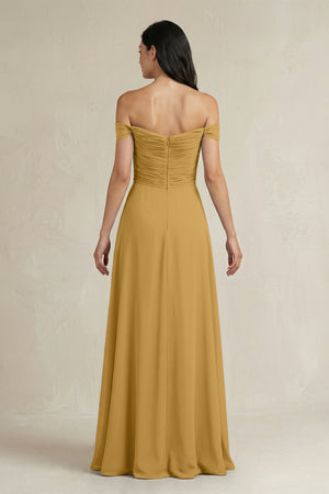 Marigold A-Line Pleated Off-the-Shoulder Chiffon Bridesmaid Dress (2) | KISSBRIDAL