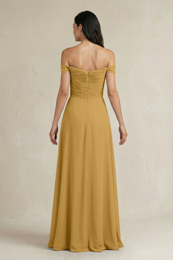 Marigold A-Line Pleated Off-the-Shoulder Chiffon Bridesmaid Dress (2) | KISSBRIDAL