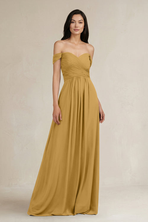 Marigold A-Line Pleated Off-the-Shoulder Chiffon Bridesmaid Dress | KISSBRIDAL