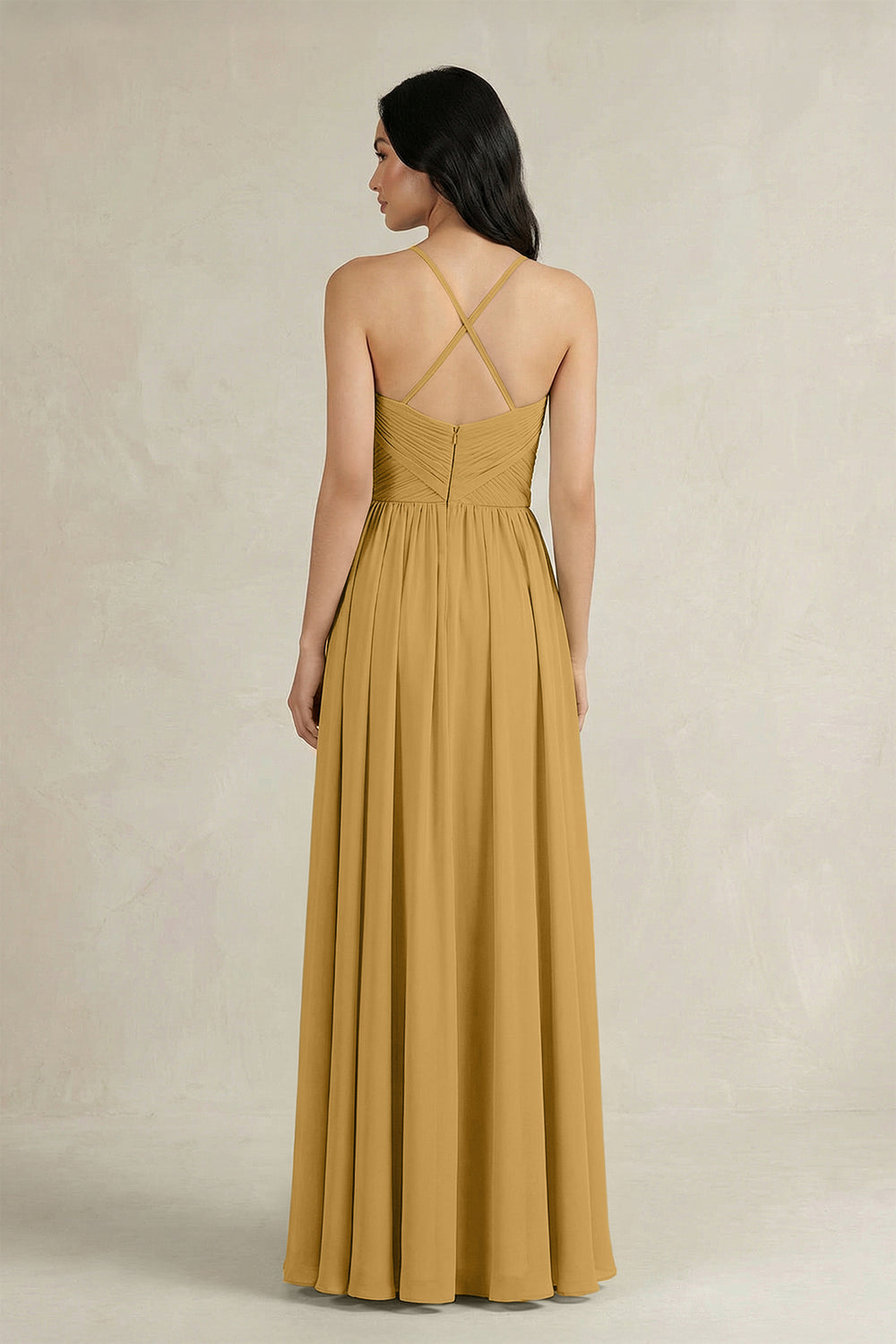 A-Line Pleated Spaghetti Strap Chiffon Bridesmaid Dress in Marigold