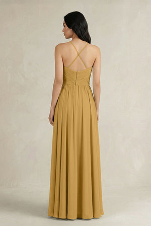 Marigold A-Line Pleated Spaghetti Strap Chiffon Bridesmaid Dress (2) | KISSBRIDAL