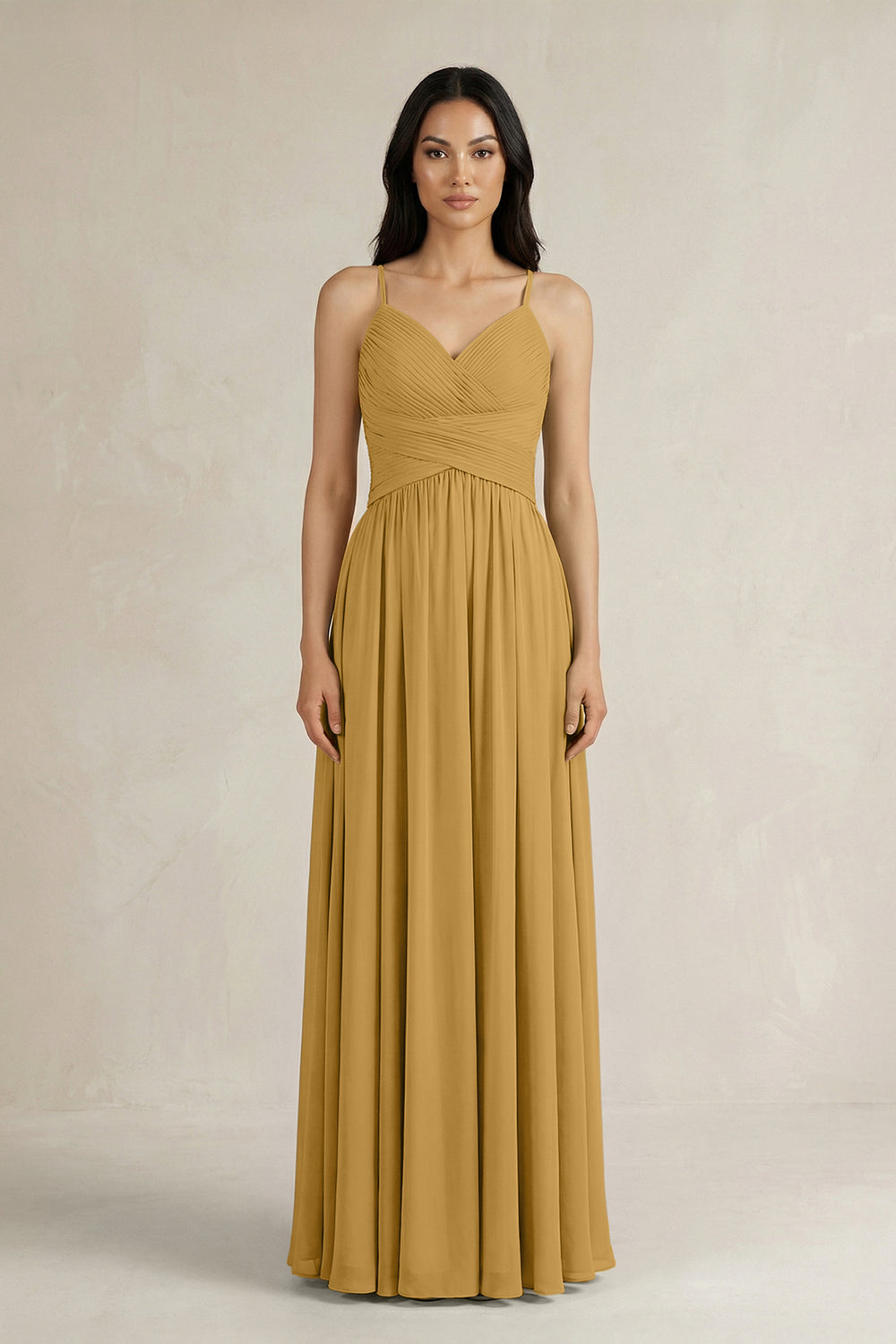 A-Line Pleated Spaghetti Strap Chiffon Bridesmaid Dress in Marigold