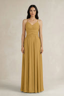 Marigold A-Line Pleated Spaghetti Strap Chiffon Bridesmaid Dress | KISSBRIDAL