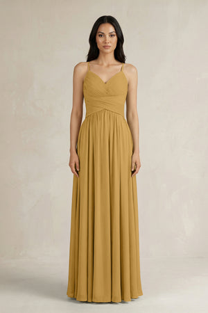 Marigold A-Line Pleated Spaghetti Strap Chiffon Bridesmaid Dress | KISSBRIDAL
