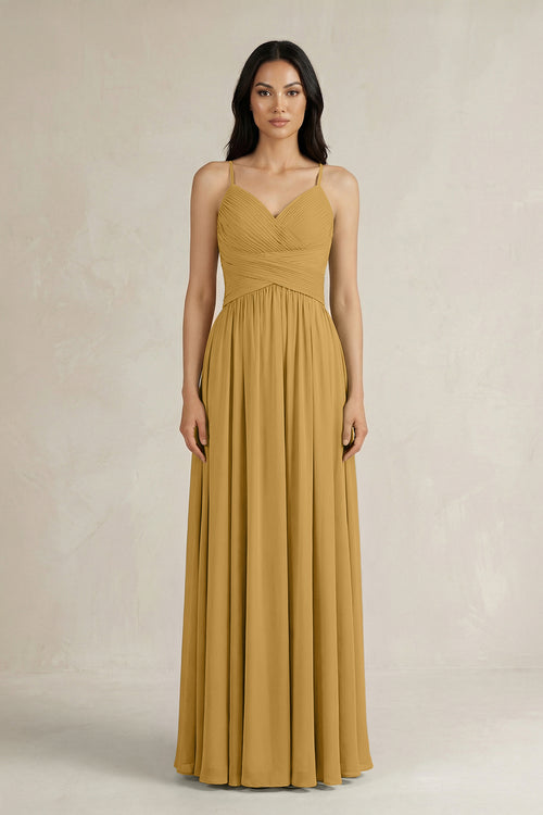 Marigold A-Line Pleated Spaghetti Strap Chiffon Bridesmaid Dress | KISSBRIDAL
