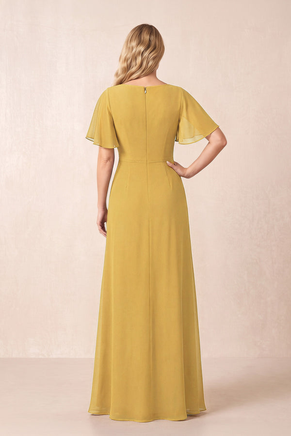 Marigold A-Line Ruched Chiffon Mother of the Bride Dress with Ruffled Sleeves (2) | KISSBRIDAL