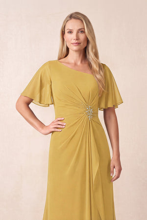 Marigold A-Line Ruched Chiffon Mother of the Bride Dress with Ruffled Sleeves (3) | KISSBRIDAL