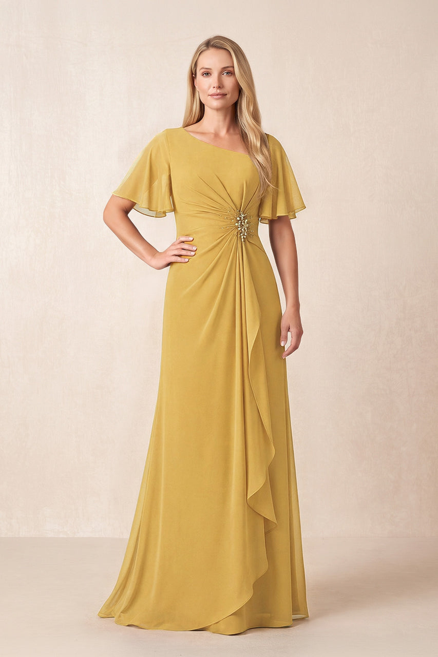 Marigold A-Line Ruched Chiffon Mother of the Bride Dress with Ruffled Sleeves