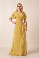 Marigold A-Line Ruched Chiffon Mother of the Bride Dress with Ruffled Sleeves | KISSBRIDAL