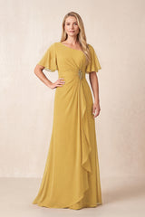 Marigold A-Line Ruched Chiffon Mother of the Bride Dress with Ruffled Sleeves | KISSBRIDAL
