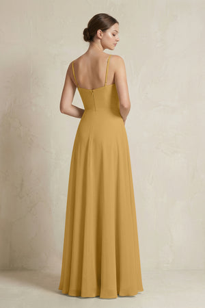 Marigold A-Line Ruffled Spaghetti Strap Chiffon Bridesmaid Dress (2) | KISSBRIDAL