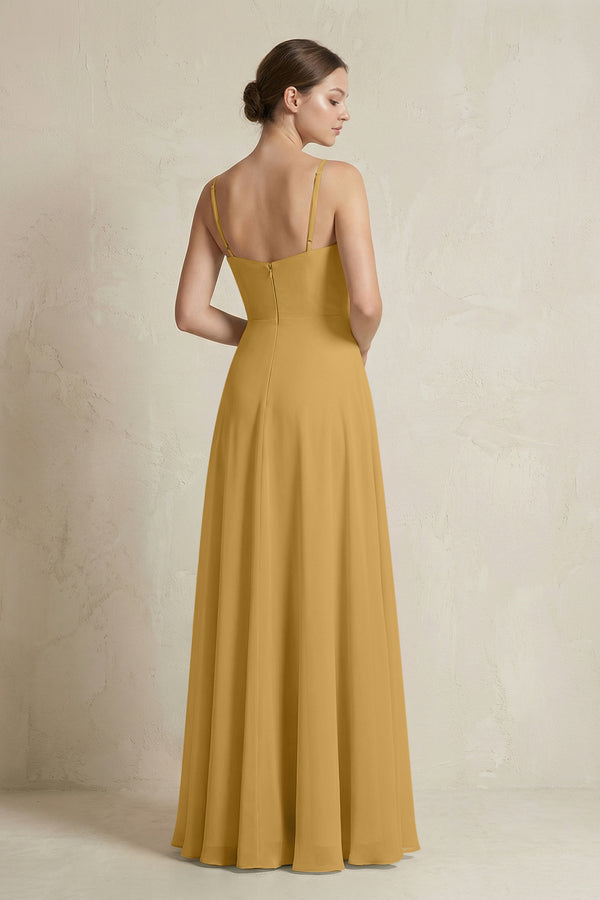 Marigold A-Line Ruffled Spaghetti Strap Chiffon Bridesmaid Dress (2) | KISSBRIDAL