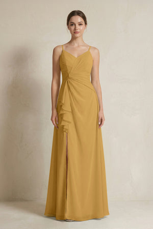 Marigold A-Line Ruffled Spaghetti Strap Chiffon Bridesmaid Dress | KISSBRIDAL