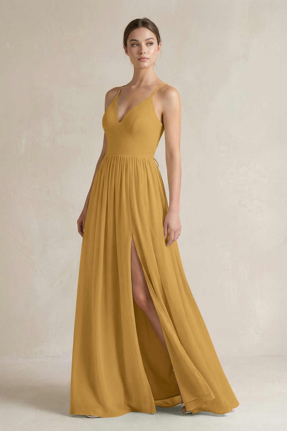 A-Line Spaghetti Strap Chiffon Bridesmaid Dress in Marigold