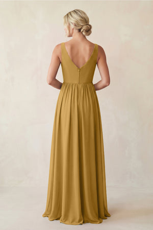 Marigold A-Line V-Neck Pleated Chiffon Bridesmaid Dress (2) | KISSBRIDAL