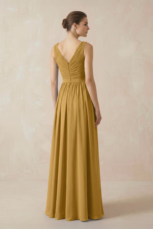 Marigold A-Line V-Neck Pleated Chiffon Bridesmaid Dress (2) | KISSBRIDAL