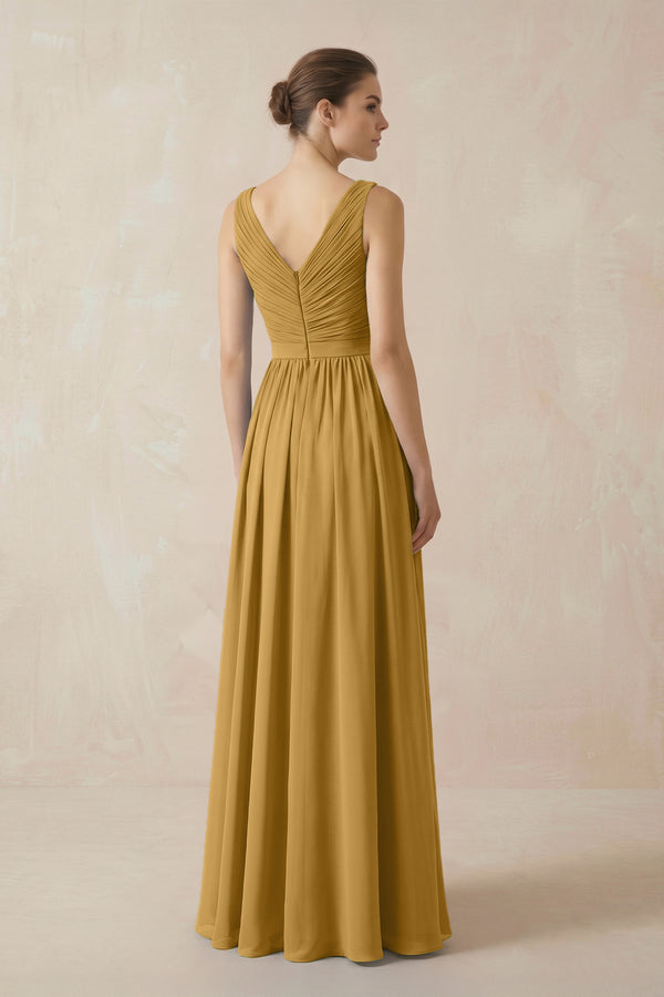 Marigold A-Line V-Neck Pleated Chiffon Bridesmaid Dress (2) | KISSBRIDAL