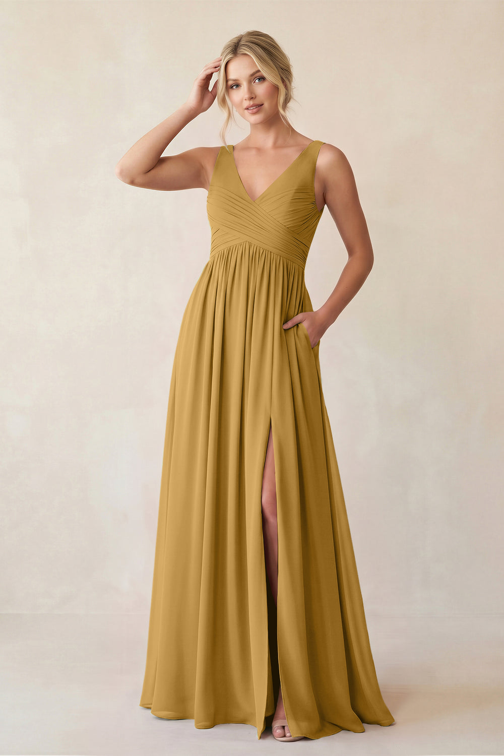A-Line V-Neck Pleated Chiffon Bridesmaid Dress in Marigold