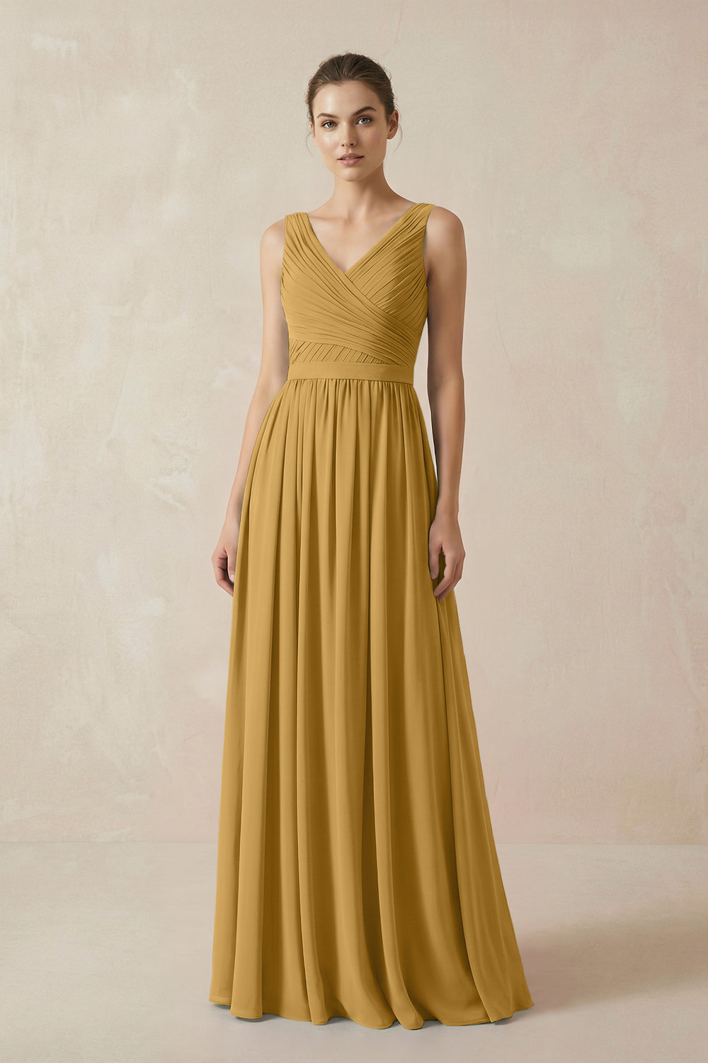 A-Line V-Neck Pleated Chiffon Bridesmaid Dress in Marigold