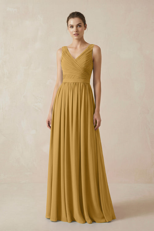 Marigold A-Line V-Neck Pleated Chiffon Bridesmaid Dress | KISSBRIDAL
