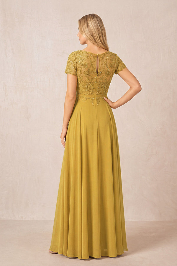 Marigold Boat Neck Chiffon A-Line Embroidered Mother of the Bride Dress with Sleeves (2) | KISSBRIDAL