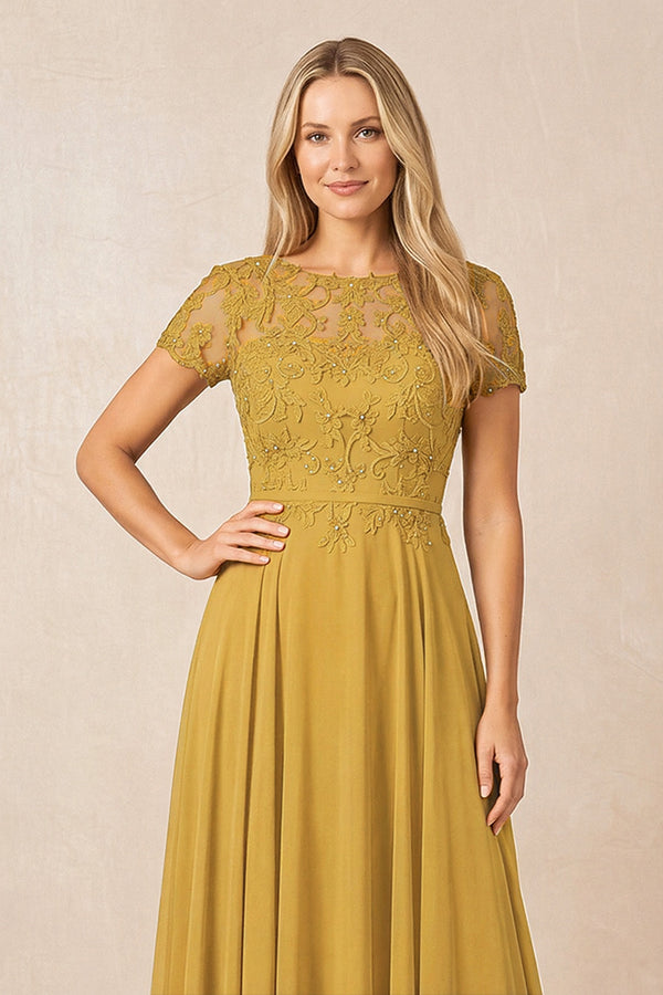 Marigold Boat Neck Chiffon A-Line Embroidered Mother of the Bride Dress with Sleeves (3) | KISSBRIDAL