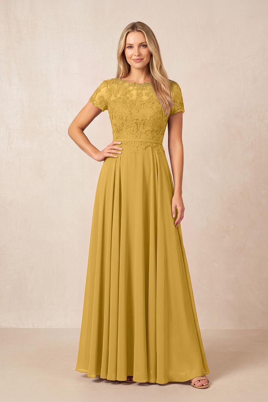 Marigold Boat Neck Chiffon A-Line Embroidered Mother of the Bride Dress with Sleeves