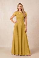 Marigold Boat Neck Chiffon A-Line Embroidered Mother of the Bride Dress with Sleeves | KISSBRIDAL