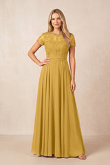 Marigold Boat Neck Chiffon A-Line Embroidered Mother of the Bride Dress with Sleeves | KISSBRIDAL