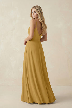 Marigold Cami Strap A-Line Chiffon Bridesmaid Dress with Slit (2) | KISSBRIDAL