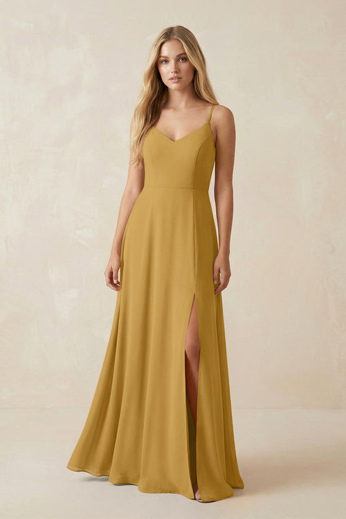 Marigold Cami Strap A-Line Chiffon Bridesmaid Dress with Slit | KISSBRIDAL