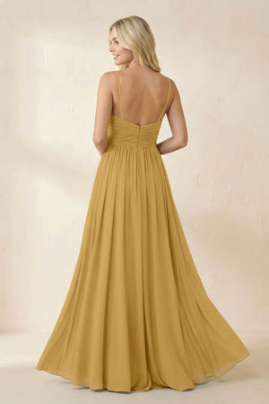 Marigold Cami Strap Chiffon A-Line Bridesmaid Dress with Slit (2) | KISSBRIDAL