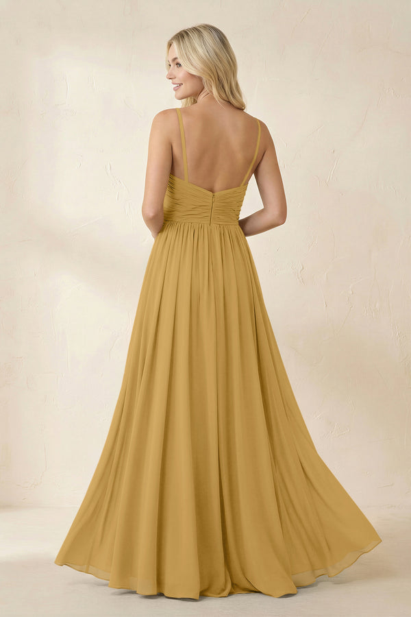 Marigold Cami Strap Chiffon A-Line Bridesmaid Dress with Slit (2) | KISSBRIDAL