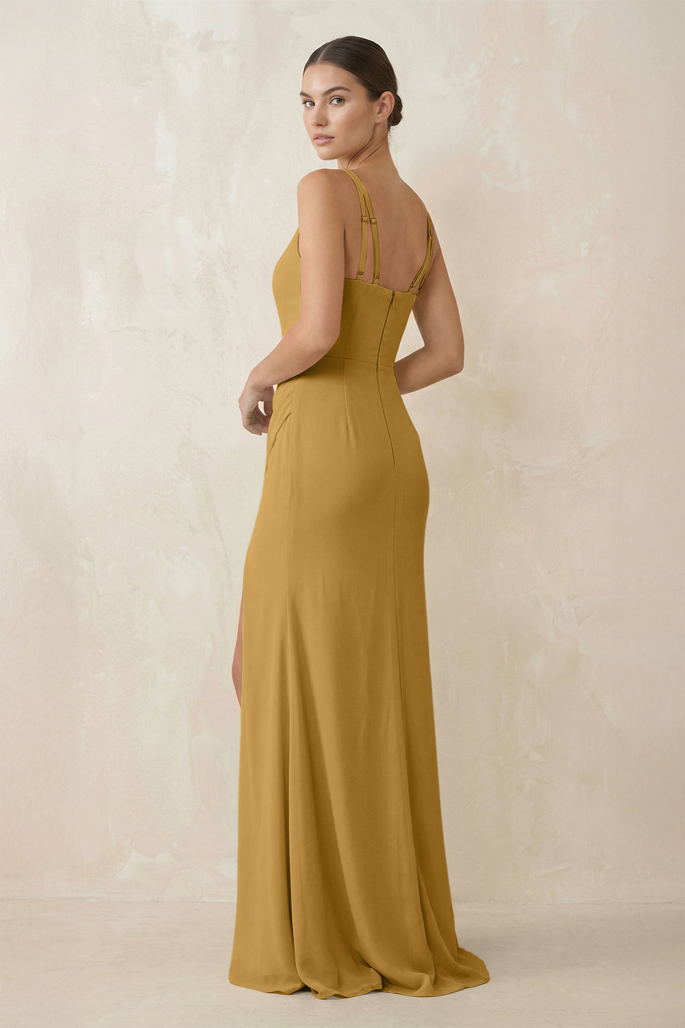 Cami Strap Chiffon Sheath Bridesmaid Gown in Marigold