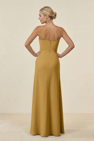 Marigold Cami Strap Chiffon Sheath Bridesmaid Gown (2) | KISSBRIDAL