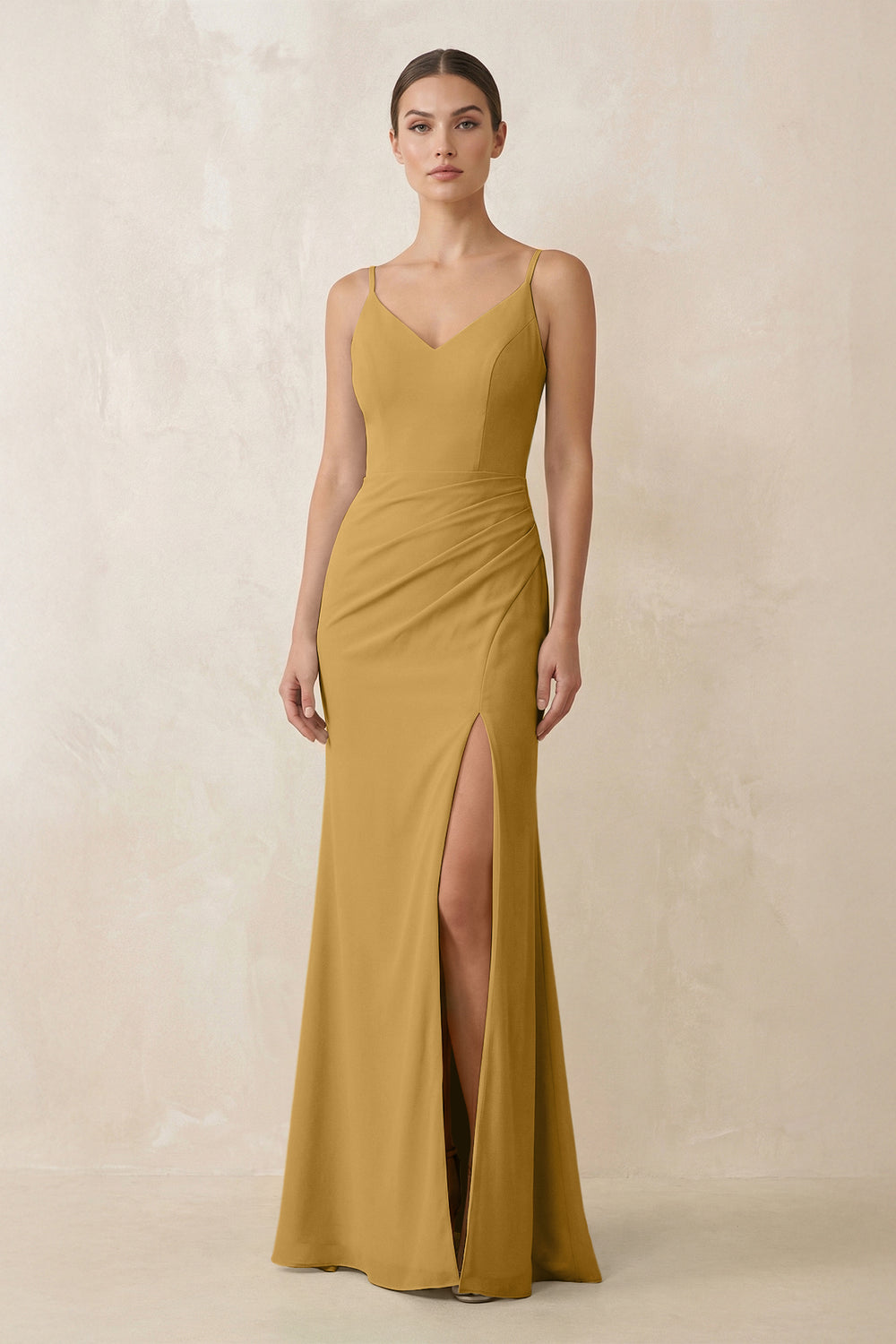 Cami Strap Chiffon Sheath Bridesmaid Gown in Marigold