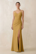 Marigold Cami Strap Chiffon Sheath Bridesmaid Gown | KISSBRIDAL