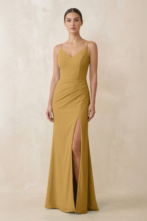 Marigold Cami Strap Chiffon Sheath Bridesmaid Gown | KISSBRIDAL
