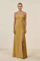 Marigold Cami Strap Chiffon Sheath Bridesmaid Gown | KISSBRIDAL
